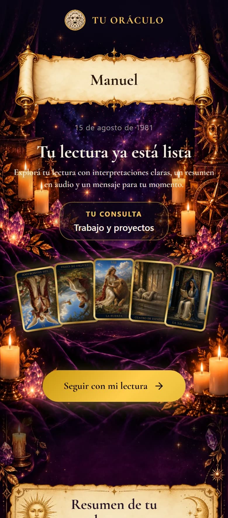 La lectura online real en el celular: tu nombre, tu consulta y tus 5 cartas reveladas